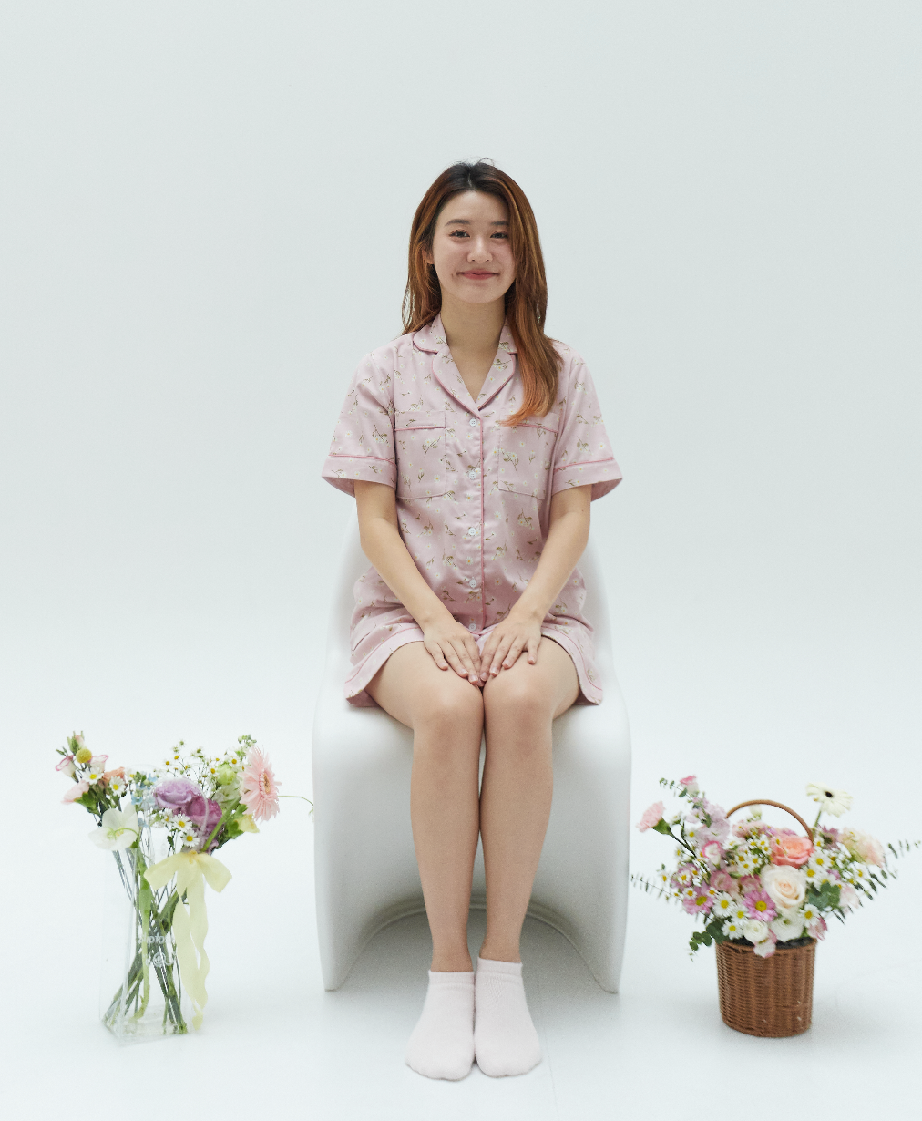 SliptoSleep ชุดนอนโนบรา-Pink Camomile Shorts set