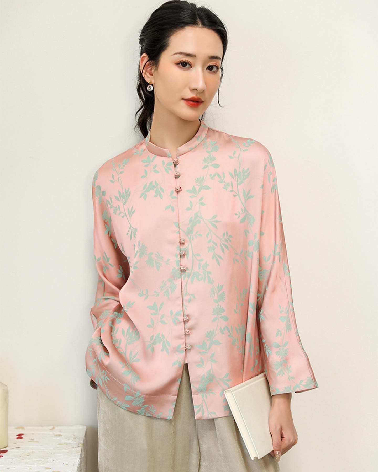 flower jacquard stand-up collar long-sleeved shirt