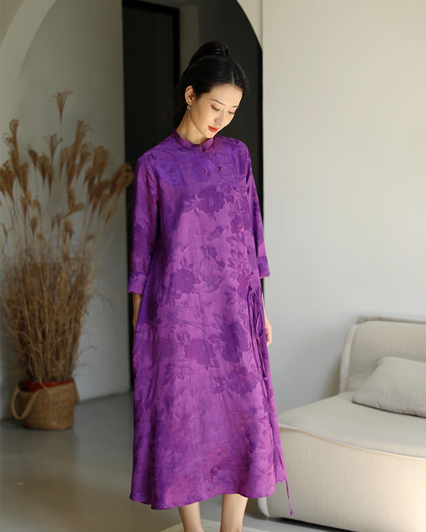  Azi jacquard flower purple color long-sleeved dress