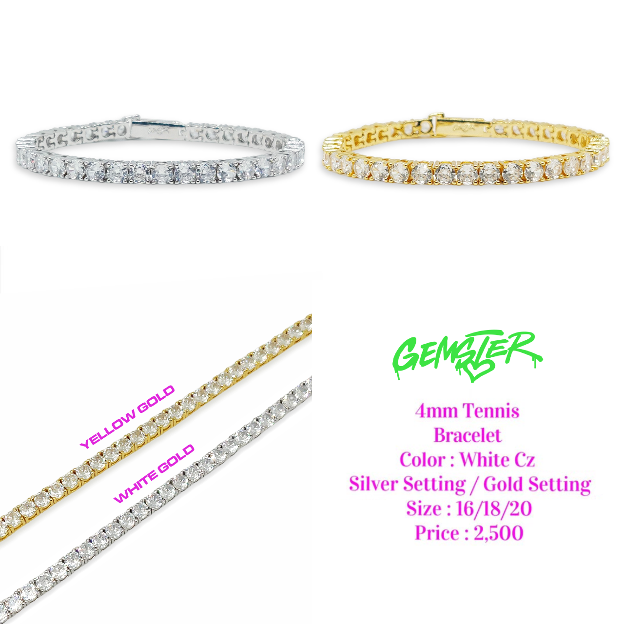 [พร้อมส่ง] 4mm Tennis Bracelet Clear Cz (2 setting)