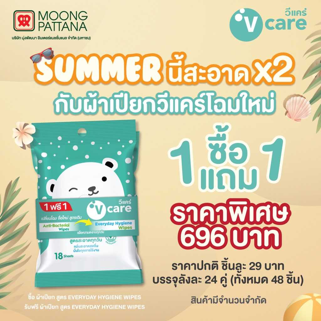 V care วีแคร์ ผ้าเช็ดทำความสะอาด สูตรสะอาดทุกวัน แอนตี้แบคทีเรีย 18 แผ่น 1 แถม 1 ลัง