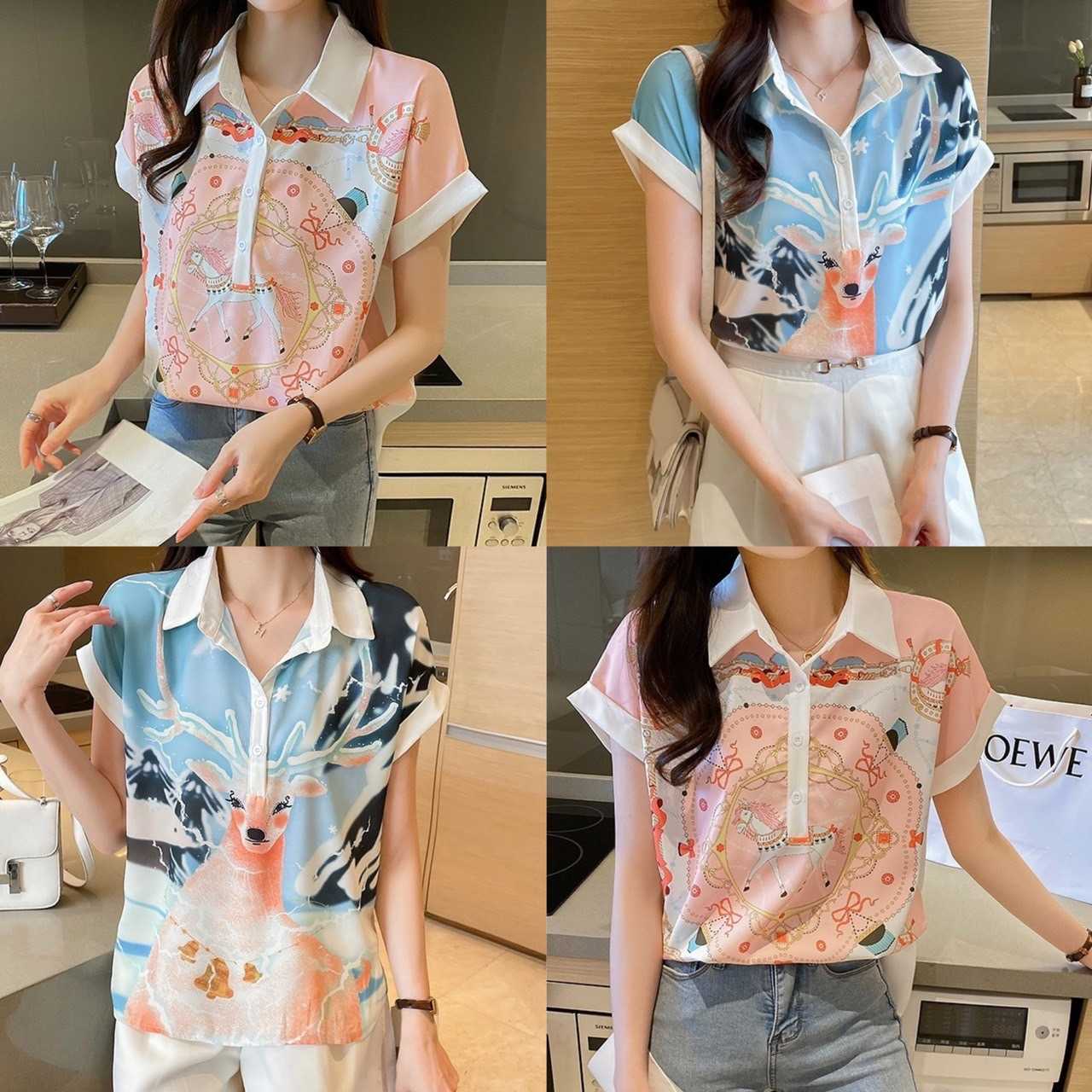 [พร้อมส่ง] เสื้อเชิ้ตแขนสั้นพิมพ์ลายกราฟิก น่ารักมาก สีฟ้า สีชมพู | QS345