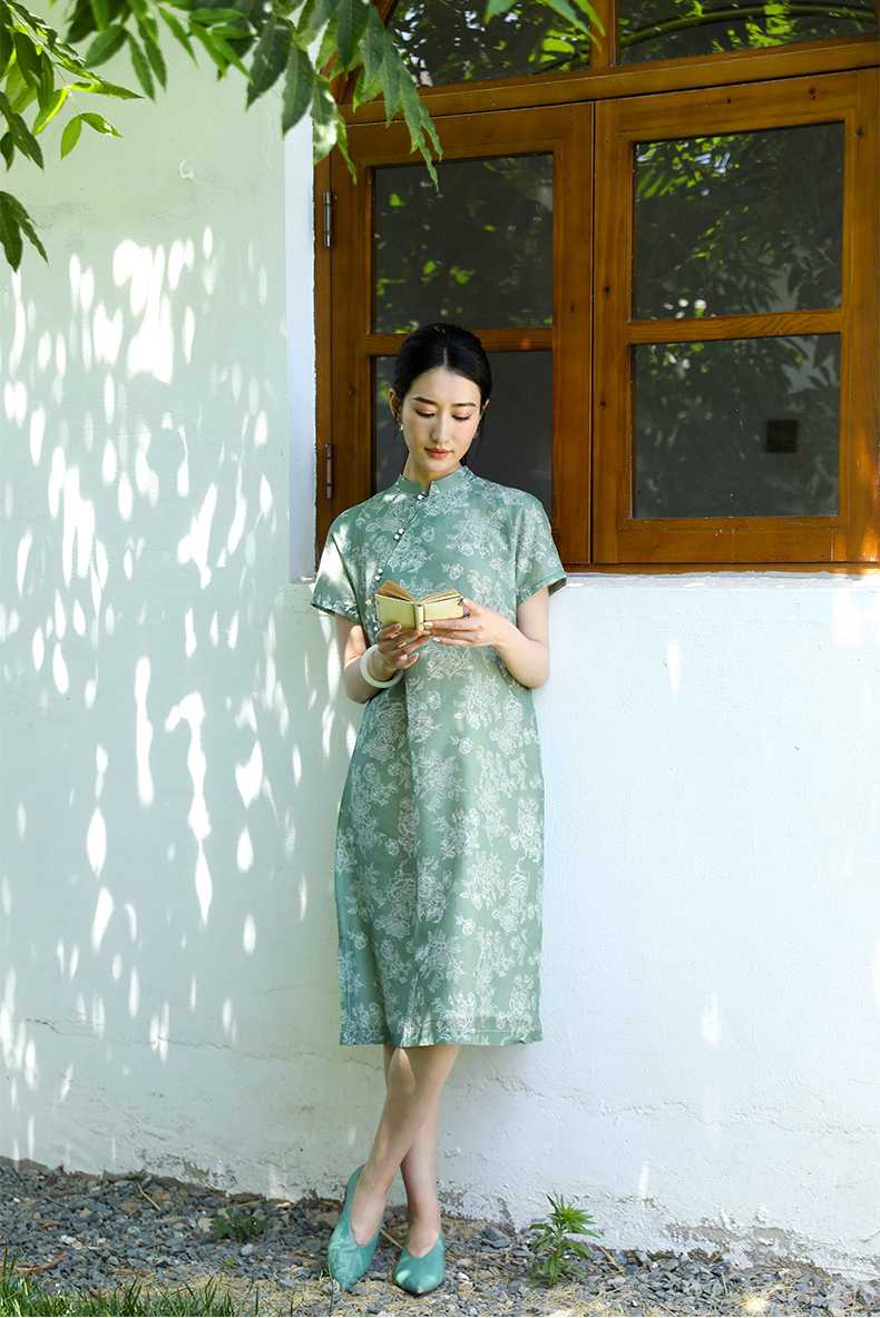 light green printed short-sleeved chinese style dress