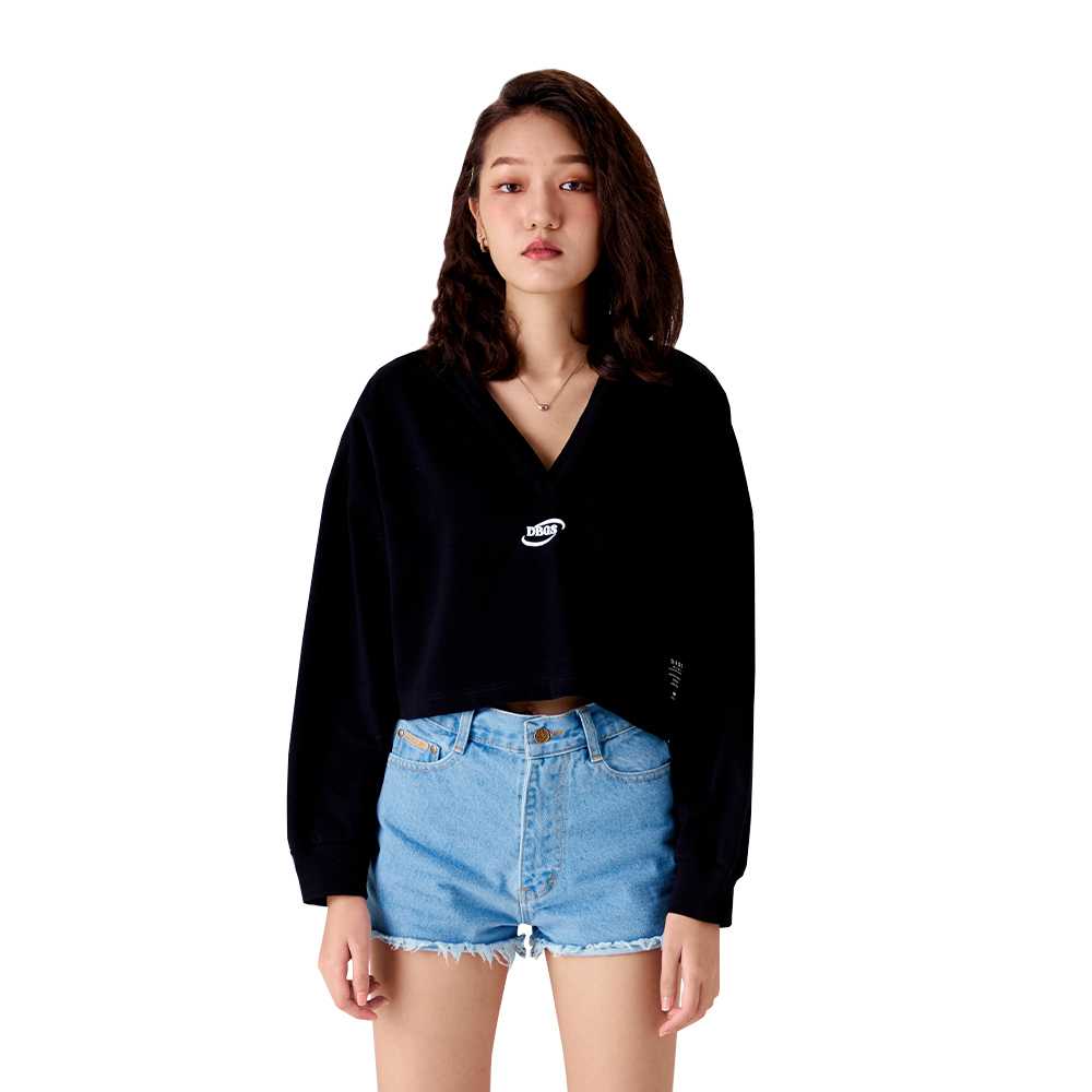 DBGS เสื้อครอป ทรงหลวม แขนยาว มีฮู้ด พิมพ์ลาย สีดำ