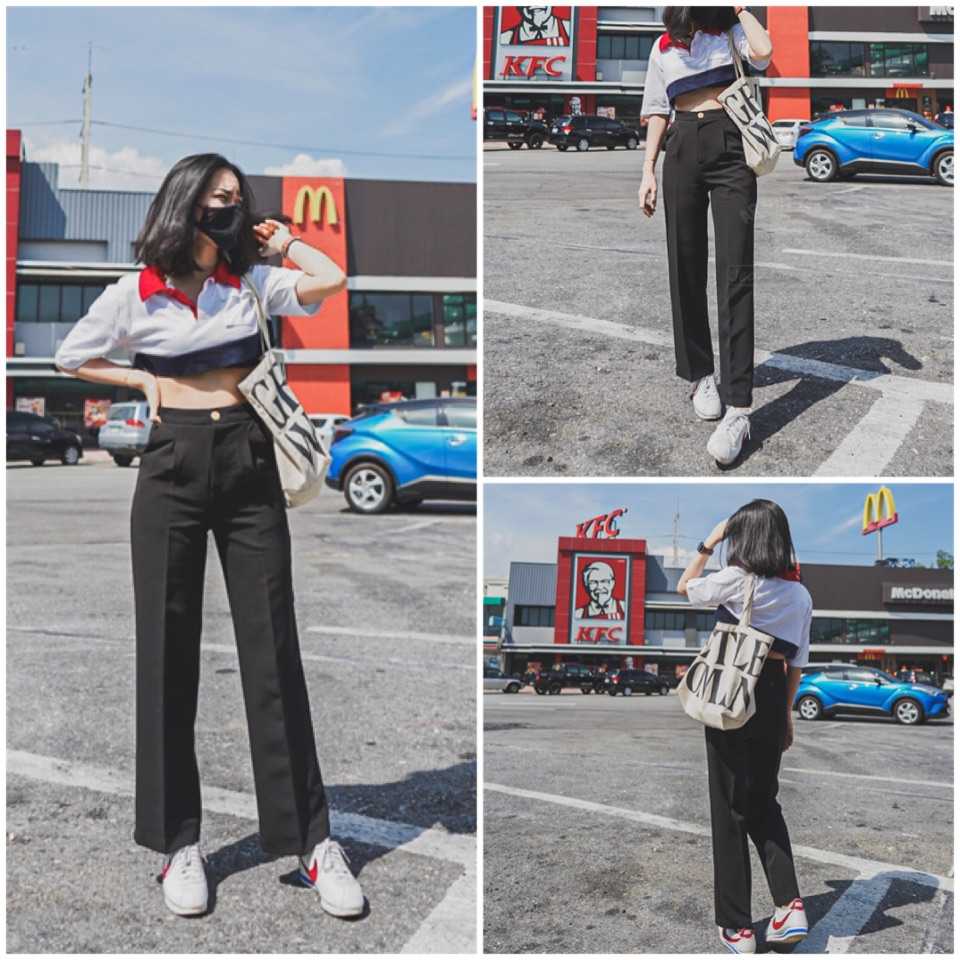 TW⭐️New arrival⭐️ กางเกงผ้าทูเวย์ ทรงกระบอกกลาง 9 ส่วน-สีดำ