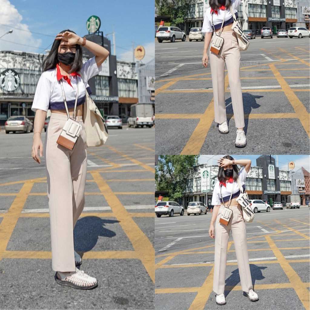 TW⭐️New arrival⭐️ กางเกงผ้าทูเวย์ ทรงกระบอกกลาง 9 ส่วน-สีครีม