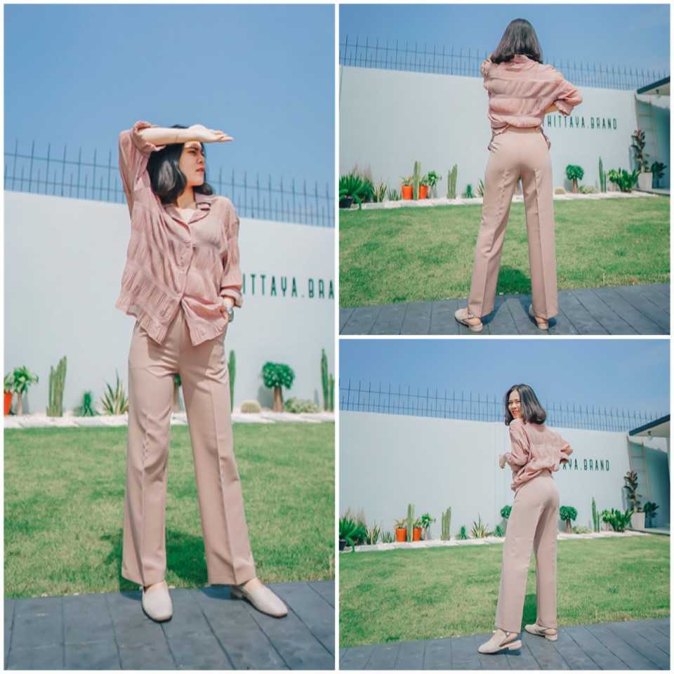 TW⭐️New arrival⭐️ กางเกงผ้าทูเวย์ ทรงกระบอกกลาง 9 ส่วน-สีนู้ด
