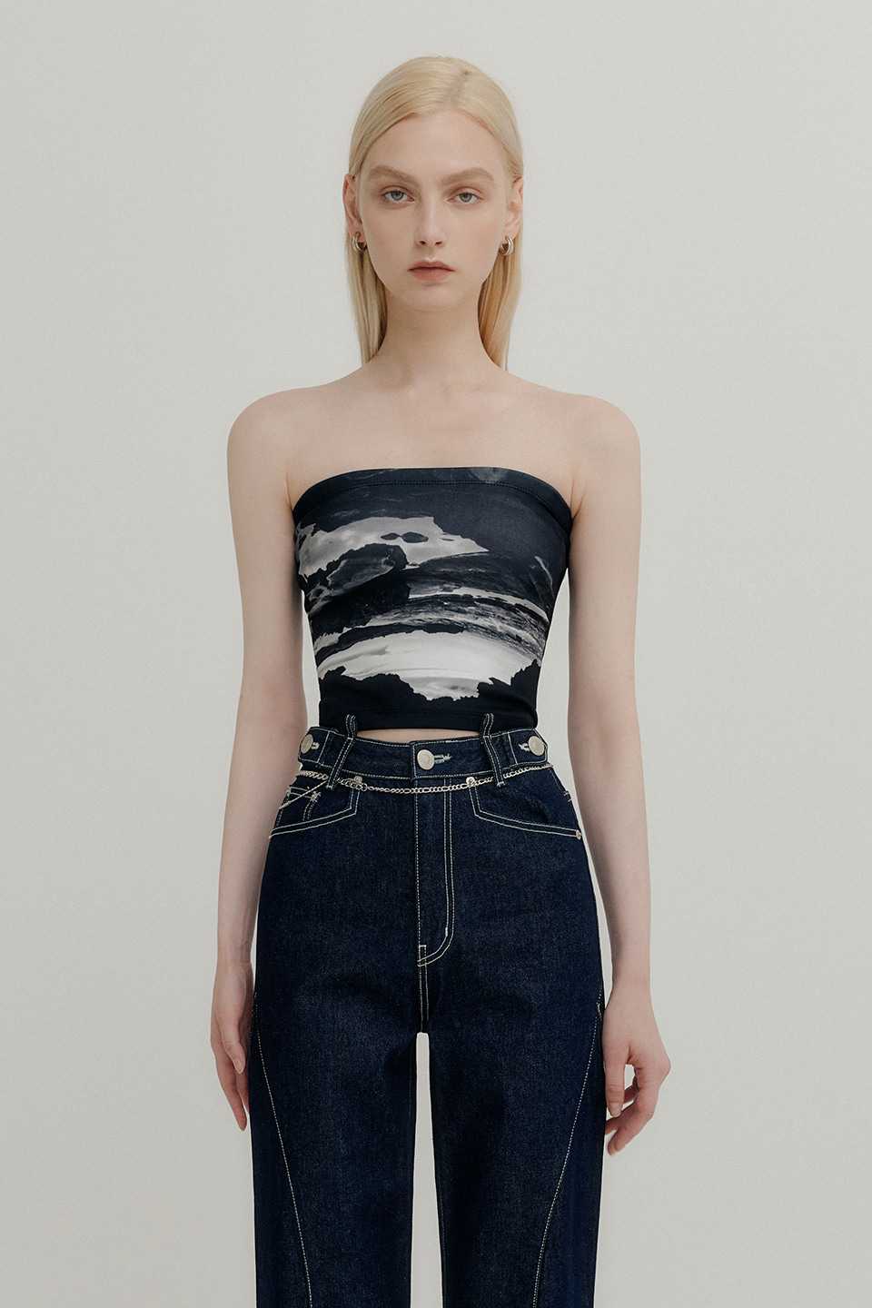 พร้อมส่ง PRINTED TUBE TOP - DARK SEASIDE