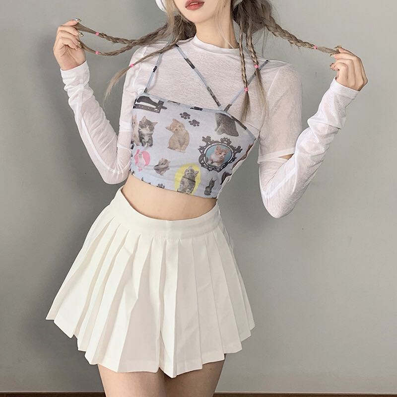 พร้อมส่ง🖤[G4]เสื้อลายแมว(สีขาว)