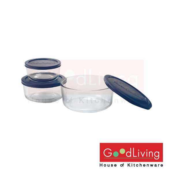 Pyrex ชุดชามแก้วพร้อมฝาทรงกลม 6 ชิ้น รุ่น P-00-7253NN - สีน้ำเงิน