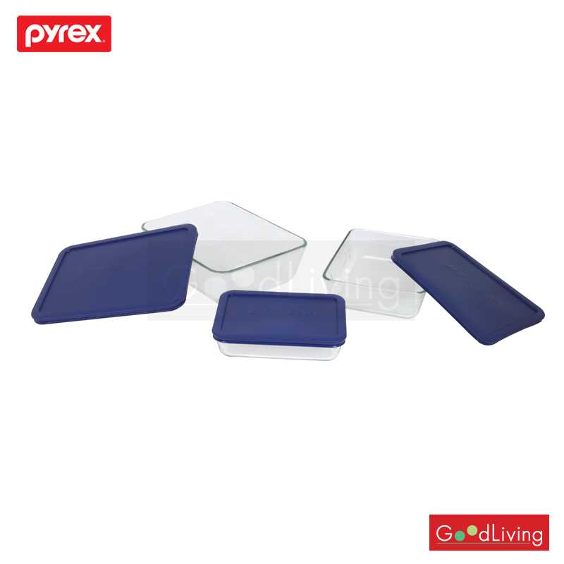 Pyrex ชุดชามแก้วพร้อมฝาทรงเหลี่ยม P-00-7251-NN สีน้ำเงิน (6 ชิ้น )