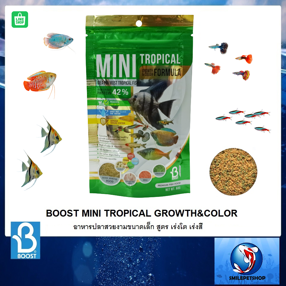 BOOST MINI TROPICAL GROWTH&COLOR  60 g.(อาหารสำหรับปลาขนาดเล็ก สูตรเร่งโต และเร่งสี)