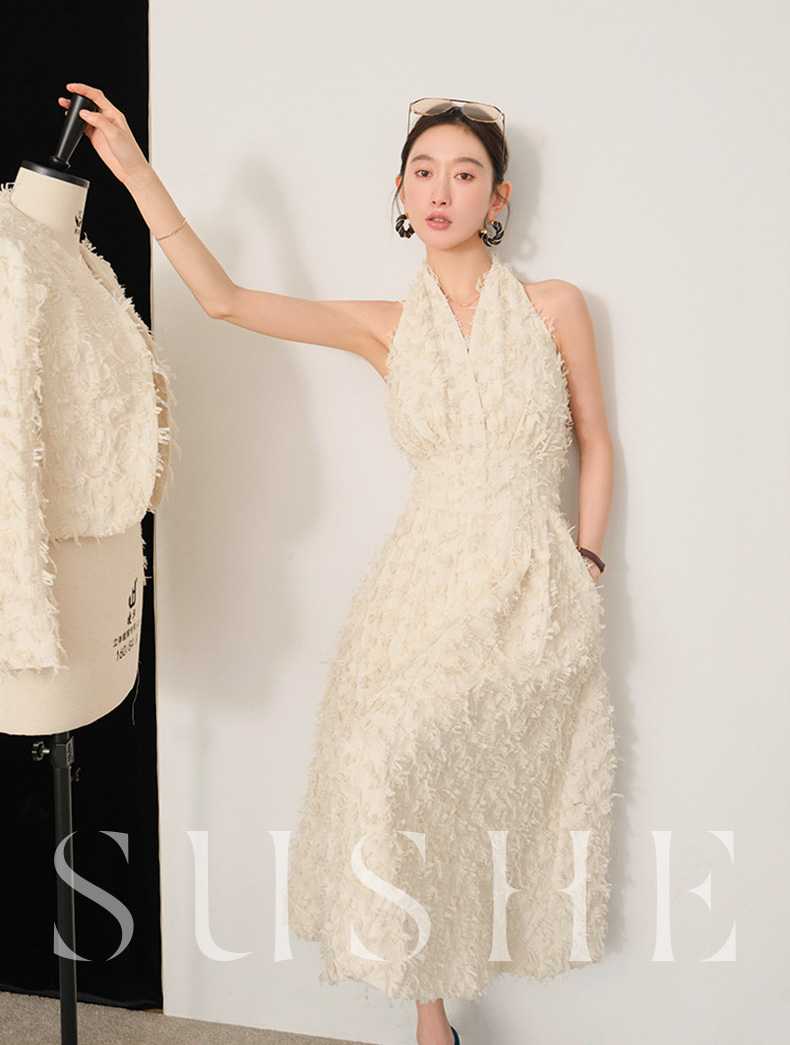 three-dimensional tassel jacquard skirt V-neck halter vest waist dress