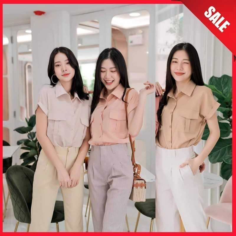 🔥🔥เสื้อเชิ้ตผู้หญิง คอปก แขนสั้น กระดุมหน้า เย็บพับแขน แต่งกระเป๋าคู่ ทรงสวยมาก ผ้าลินิน🔥🔥