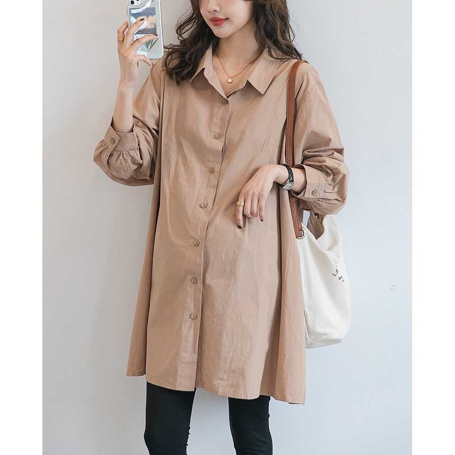 เสื้อเชิ้ตทรงoversize แบบเรียบๆเก๋ๆ คอปก ผ้าคอตตอนเชิ้ตอย่างดี - สีครีม