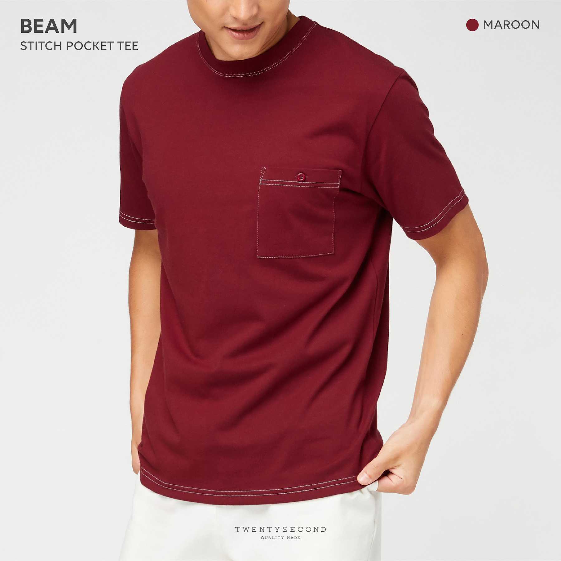 BEAM STITCH POCKET TEE - MAROON