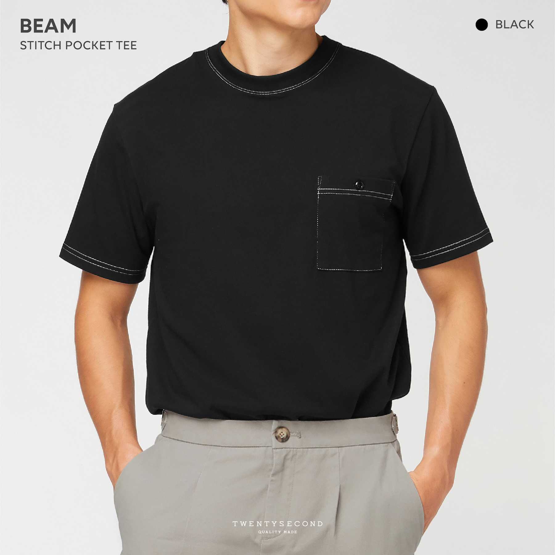 BEAM STITCH POCKET TEE - BLACK