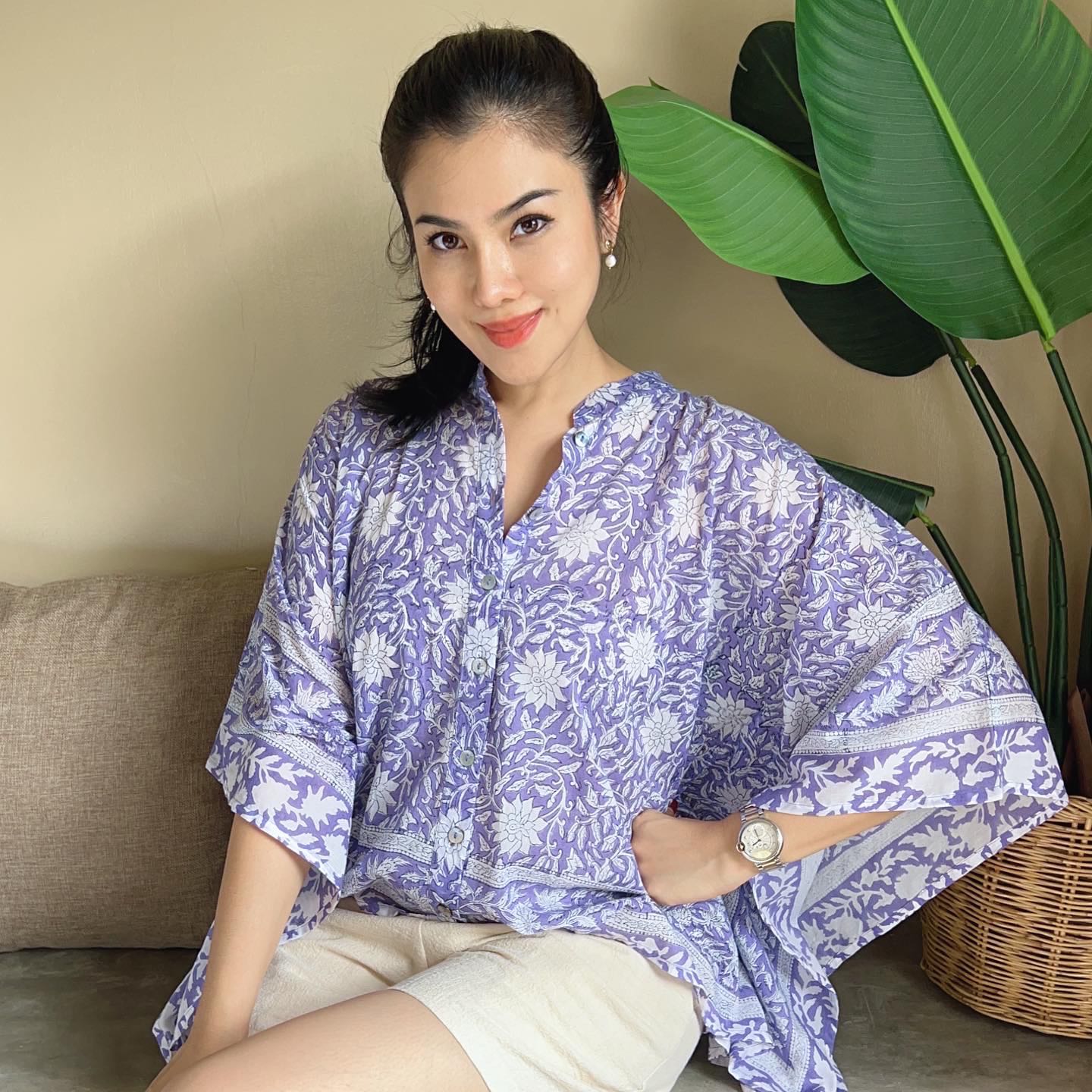 เสื้อ butterfly สีม่วงขาว ผ้าคอตตอนบล็อกปริ้นจากประเทศอินเดีย