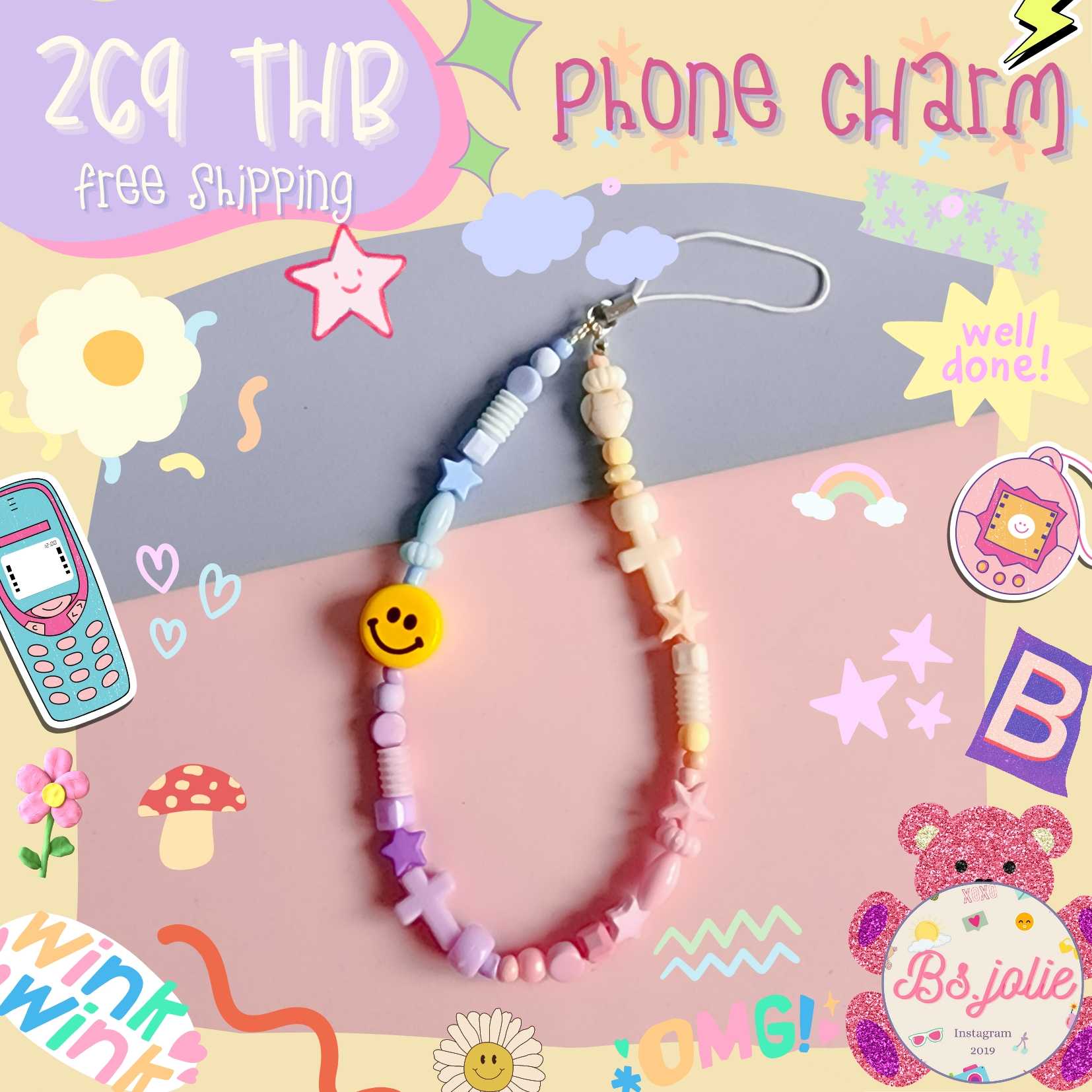 Phone charm ยิ้ม4สีโทนพาสเทช