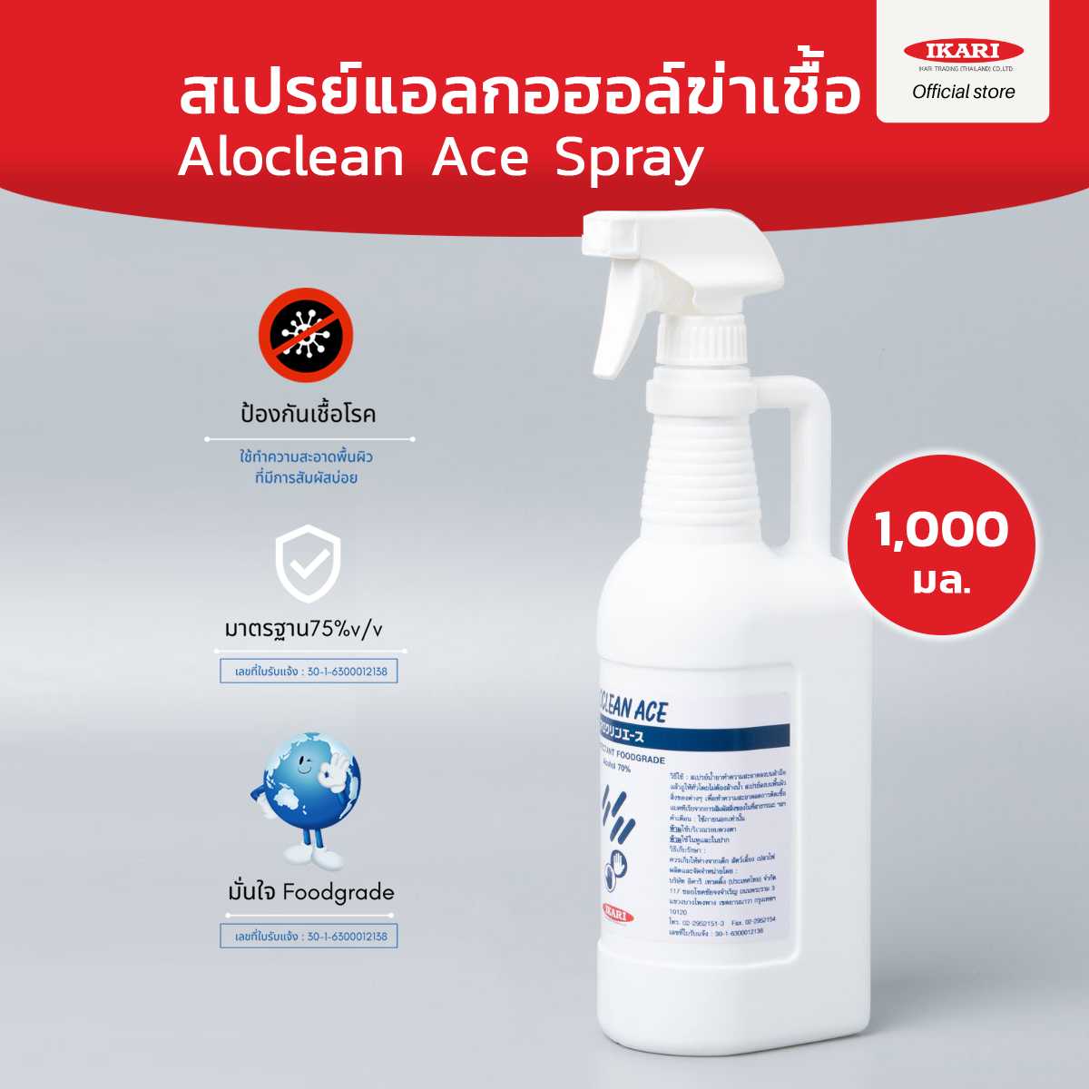 Aloclean Ace [Foggy] สเปรย์แอลกอฮอล์ พ่นพื้นผิว 1,000 มล.