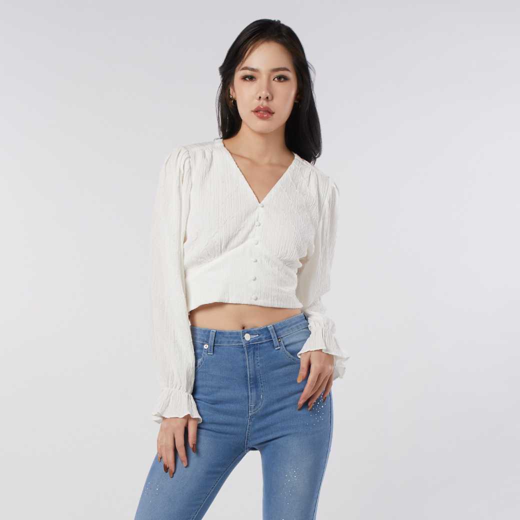 เสื้อเบลาส์คอวีผ้าเท็กเจอร์ | V-Neck Textured Blouse | 05969