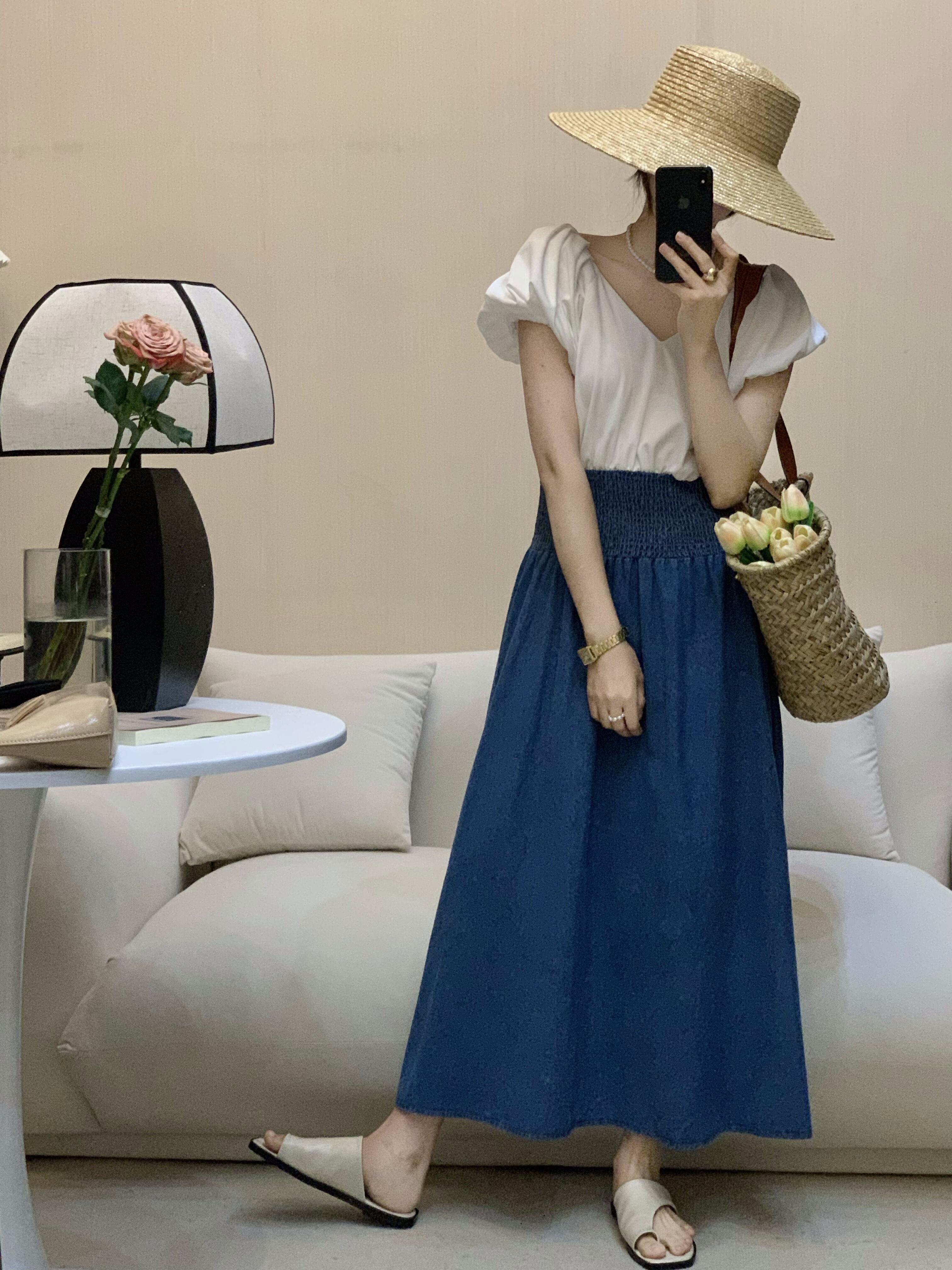 puff sleeve denim dress