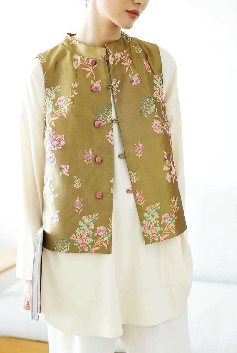 Gold powder brocade jacquard Chinese literary vest waistcoat