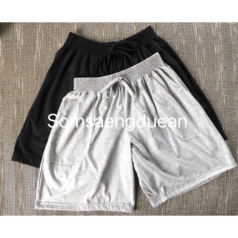 กางเกงขาสั้นผ้าคอตตอน ทรงกระบอก รุ่นovershorts สายฝอ  สีดำล้วน
