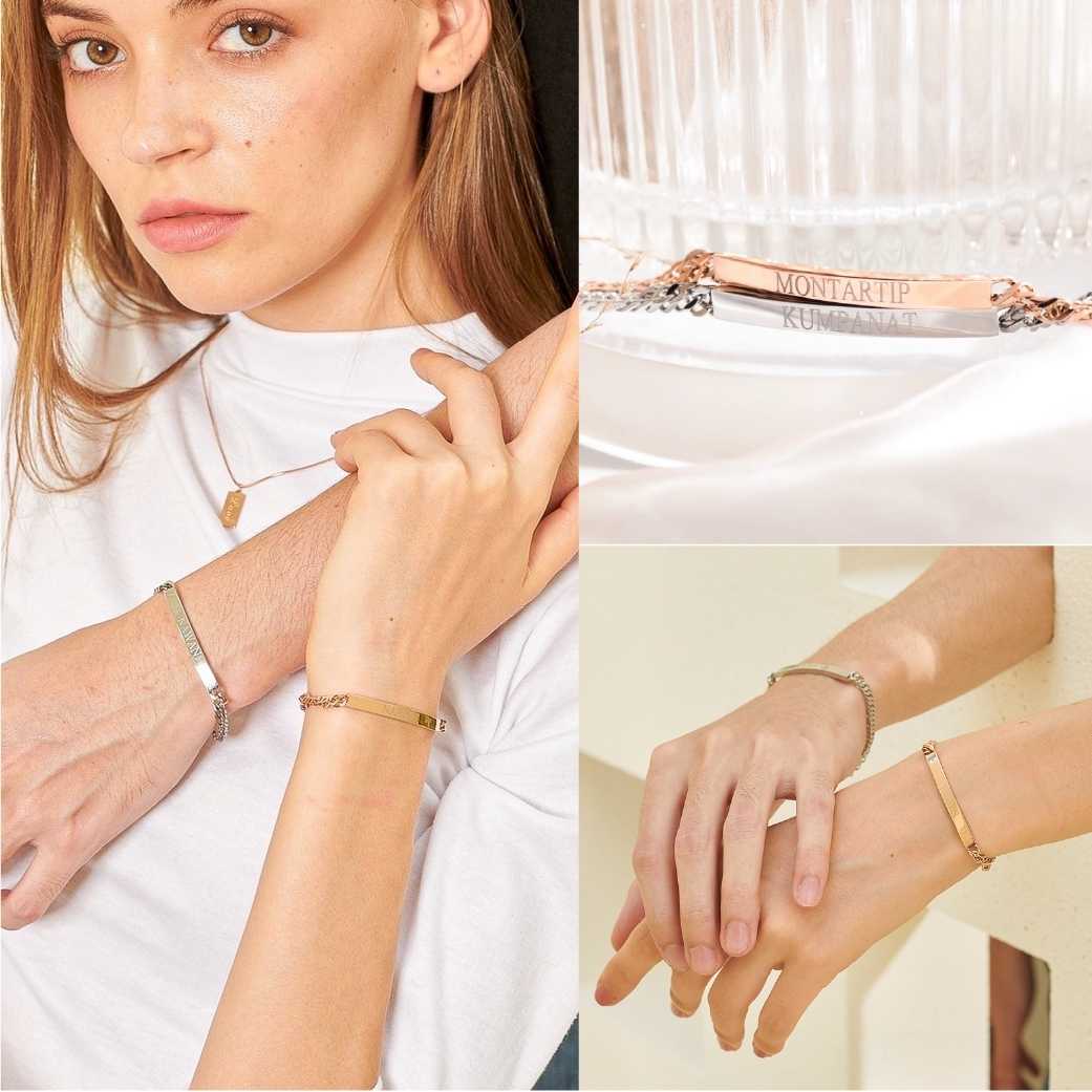 สร้อยข้อมือสแตนเลสคู่ บาร์ยาว  สลักชื่อตรงบาร์ งาน Unisex (เลสบาร์ยาว)