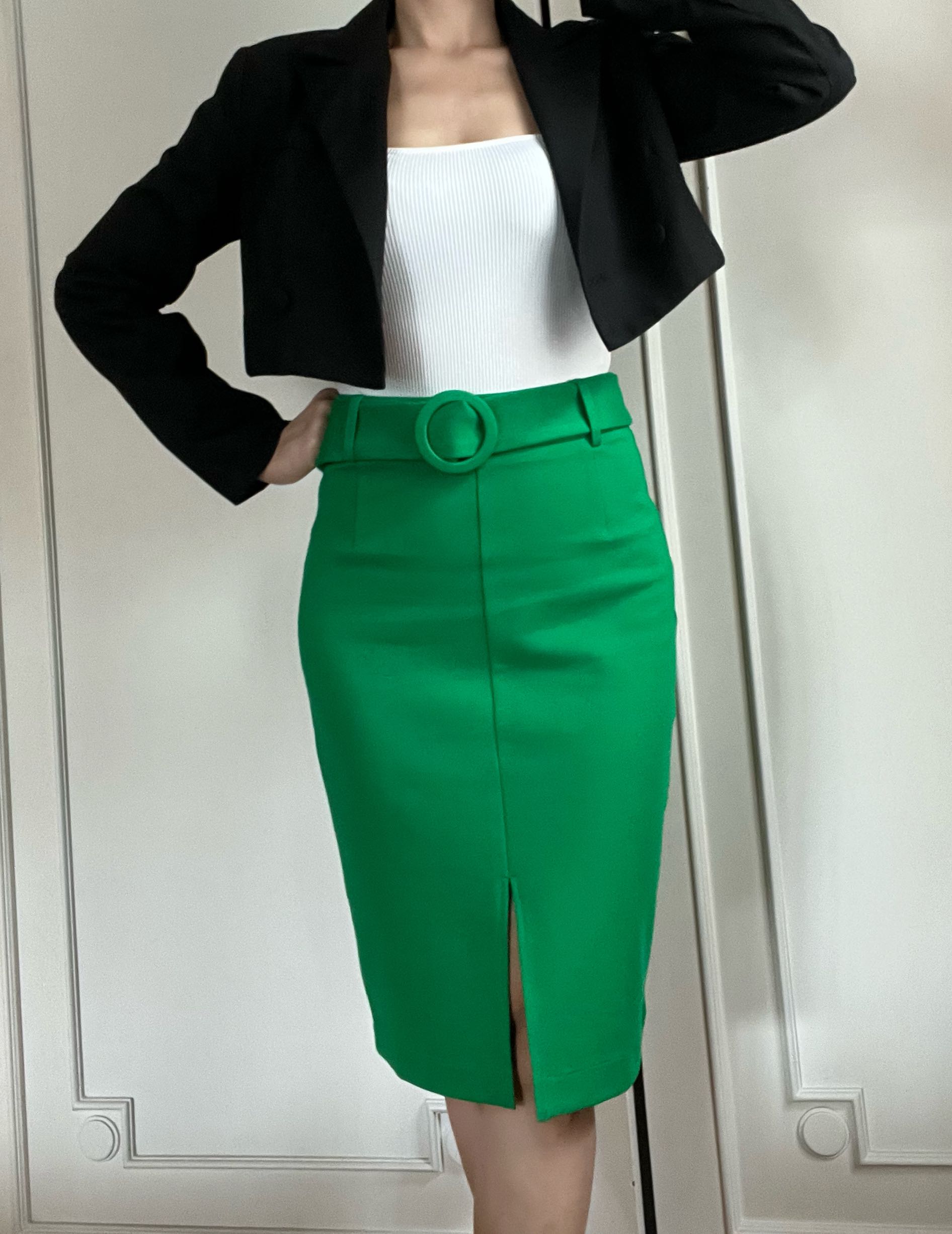 Knit pencil skirt with belt