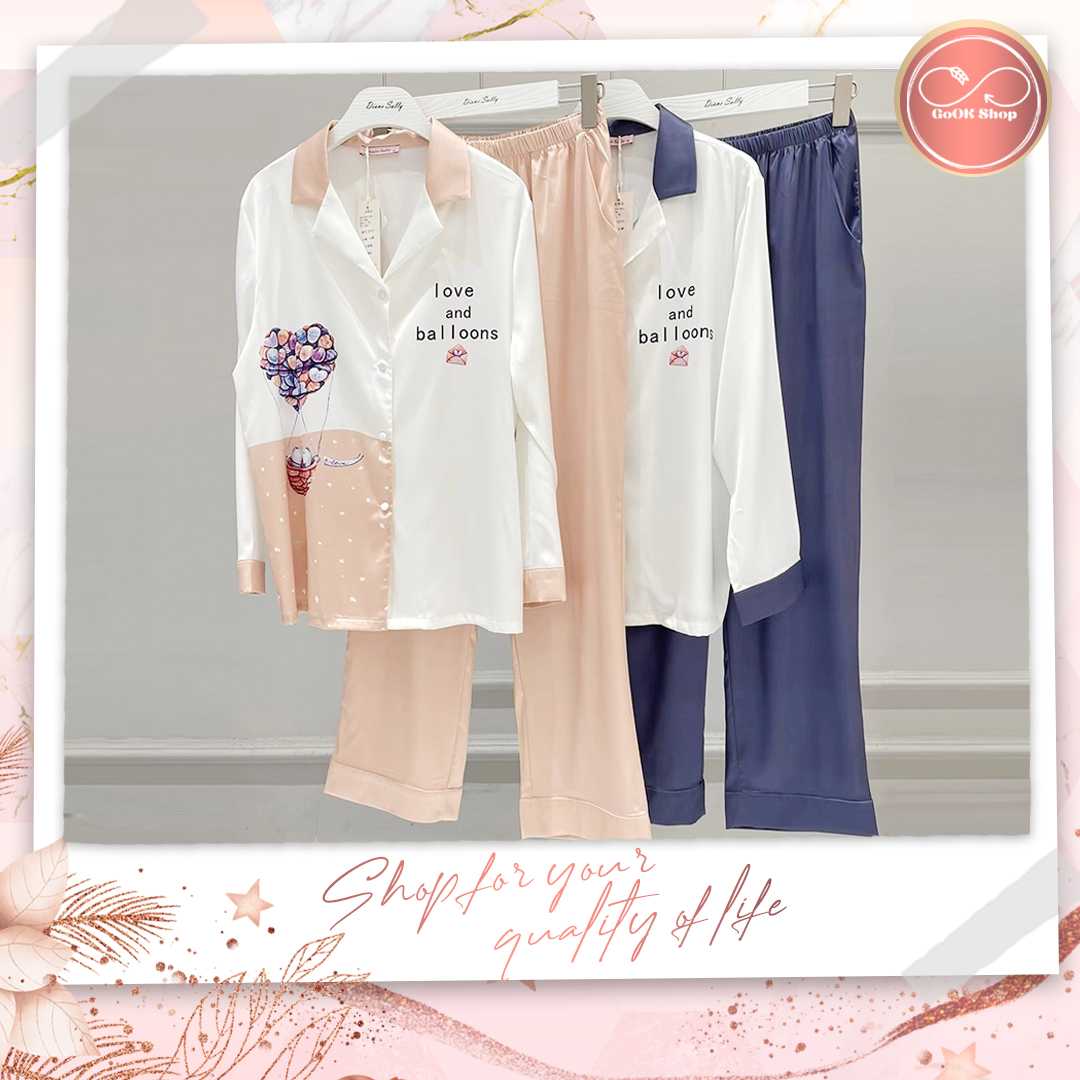 A18 ชุดนอนผ้าไหมซาตินพรีเมียม สีโอรส สดใส ลายลูกโป่งหัวใจ