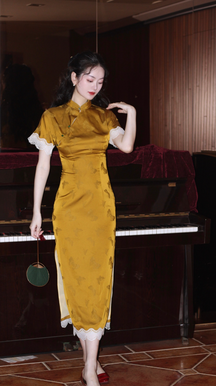 yellow long lace silk satin cheongsam morning gown
