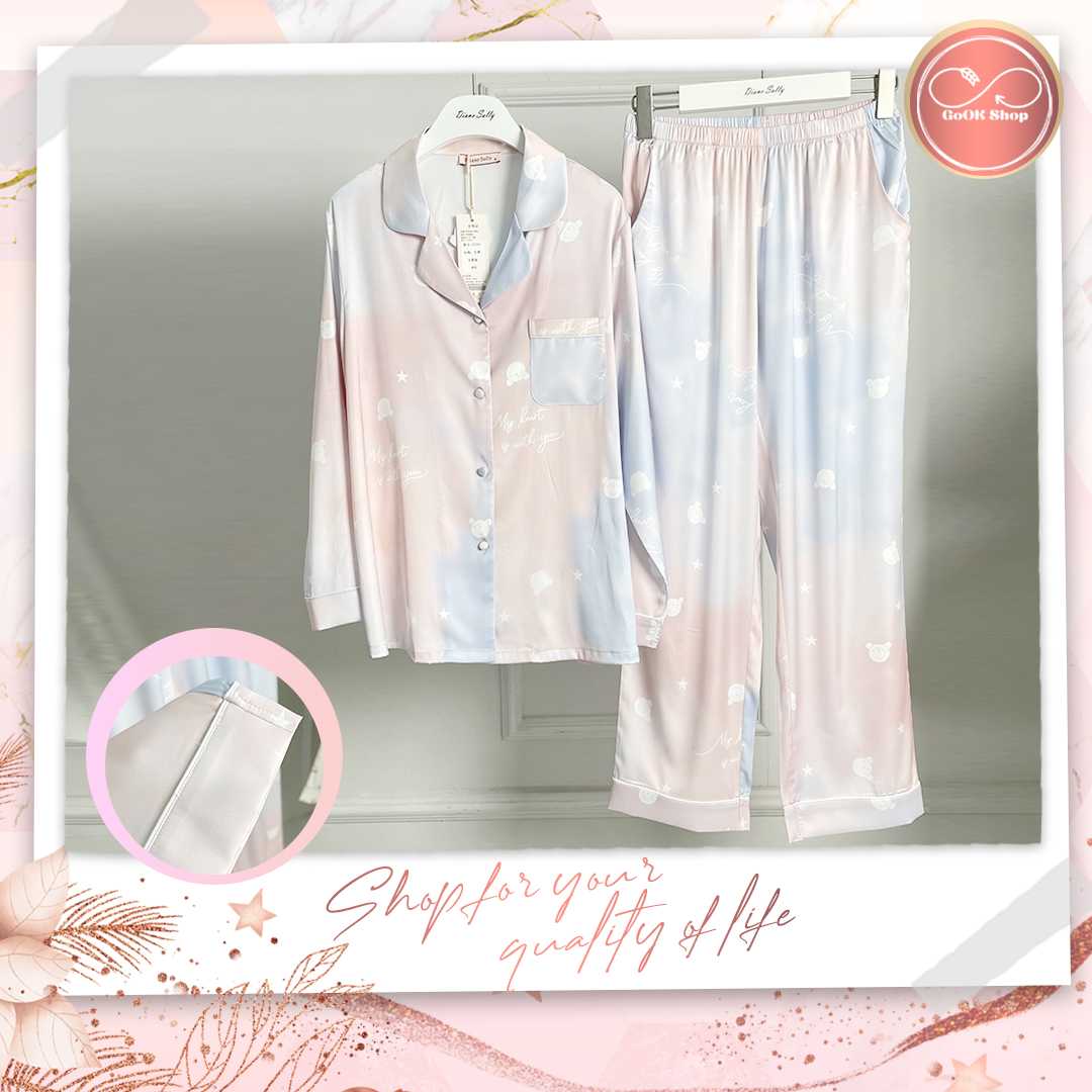 A26 ชุดนอนผ้าไหมซาตินพรีเมียม แขนยาว ขายาว สีรุ้งพาสเทล ลายดาวกับน้องหมี