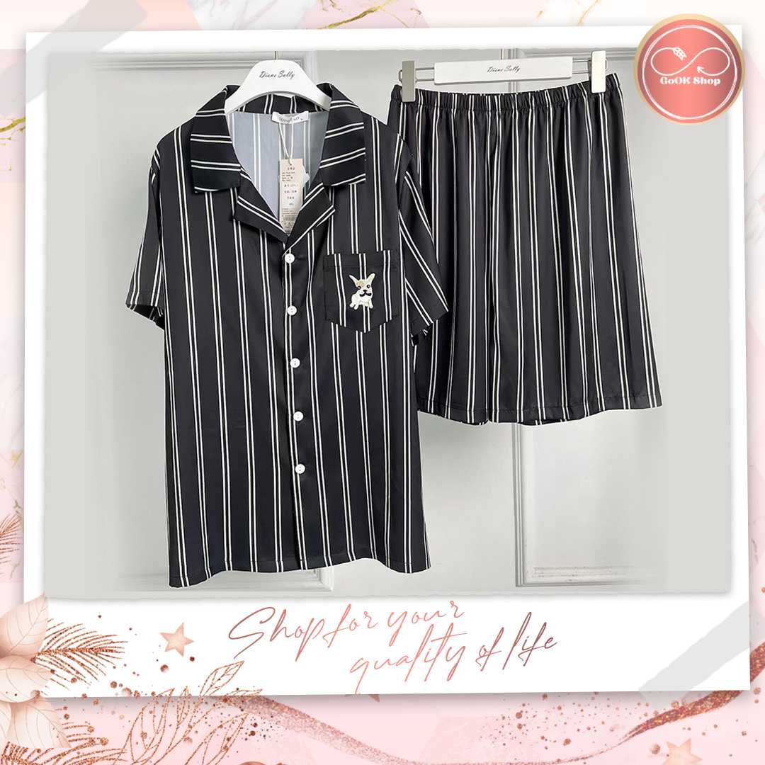 A22 ชุดนอนผ้าไหมซาตินพรีเมียม แขนสั้น ขาสั้น ลายทางขาวดำ