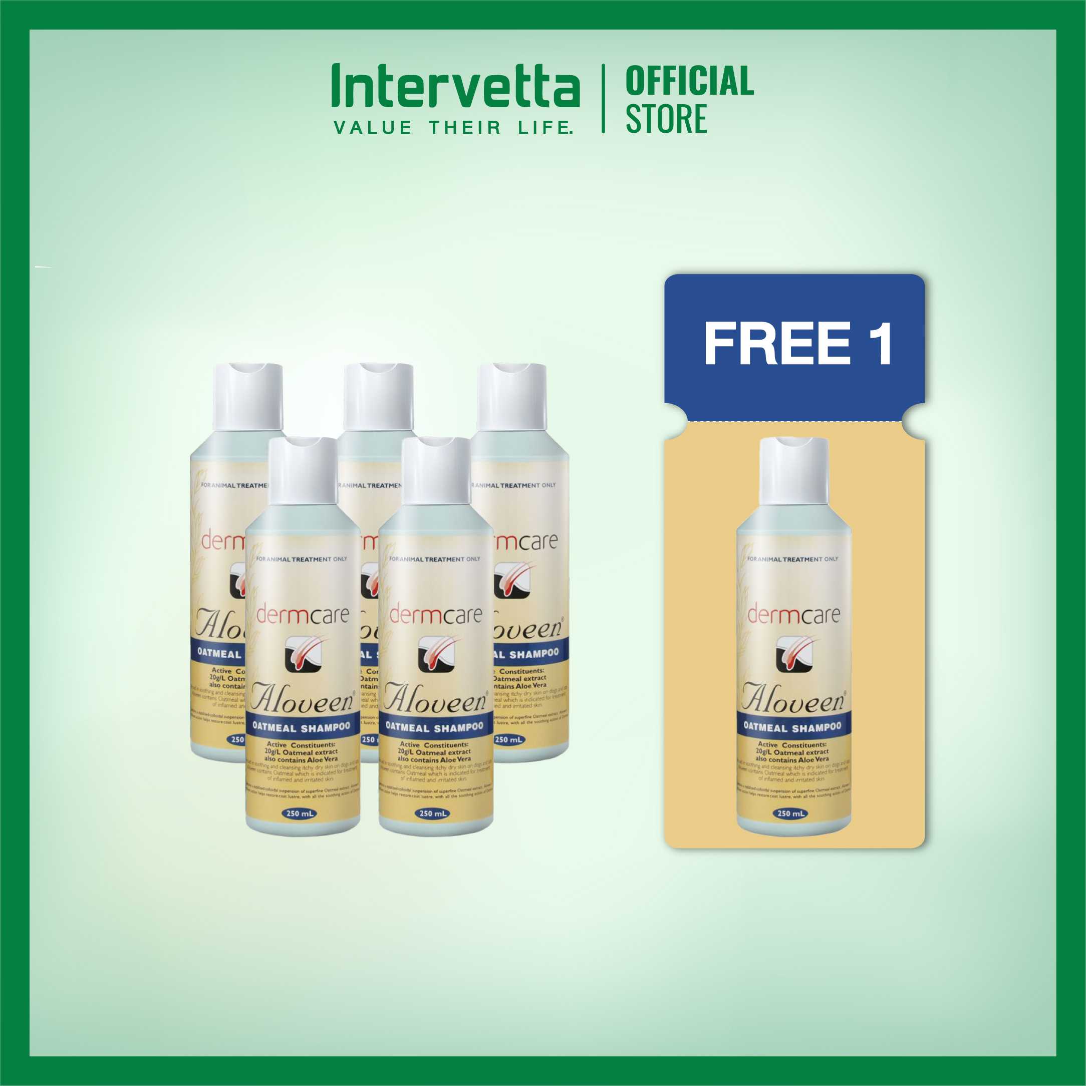 Dermcare Aloveen Oatmeal Shampoo 250 ml แชมพูสูตรอ่อนโยน เหมาะสำหรับสัตว์เลี้ยงผิวแพ้ง่าย (5 Free1 )