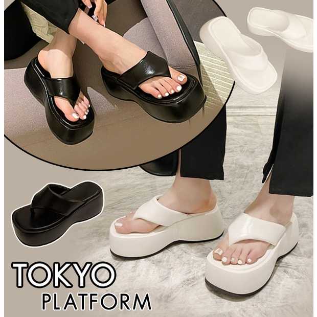 พร้อมส่ง  รองเท้าแตะส้นตึก หูคีบ สูง7cm  สีขาว , ดำ ( รุ่น TOKYO )