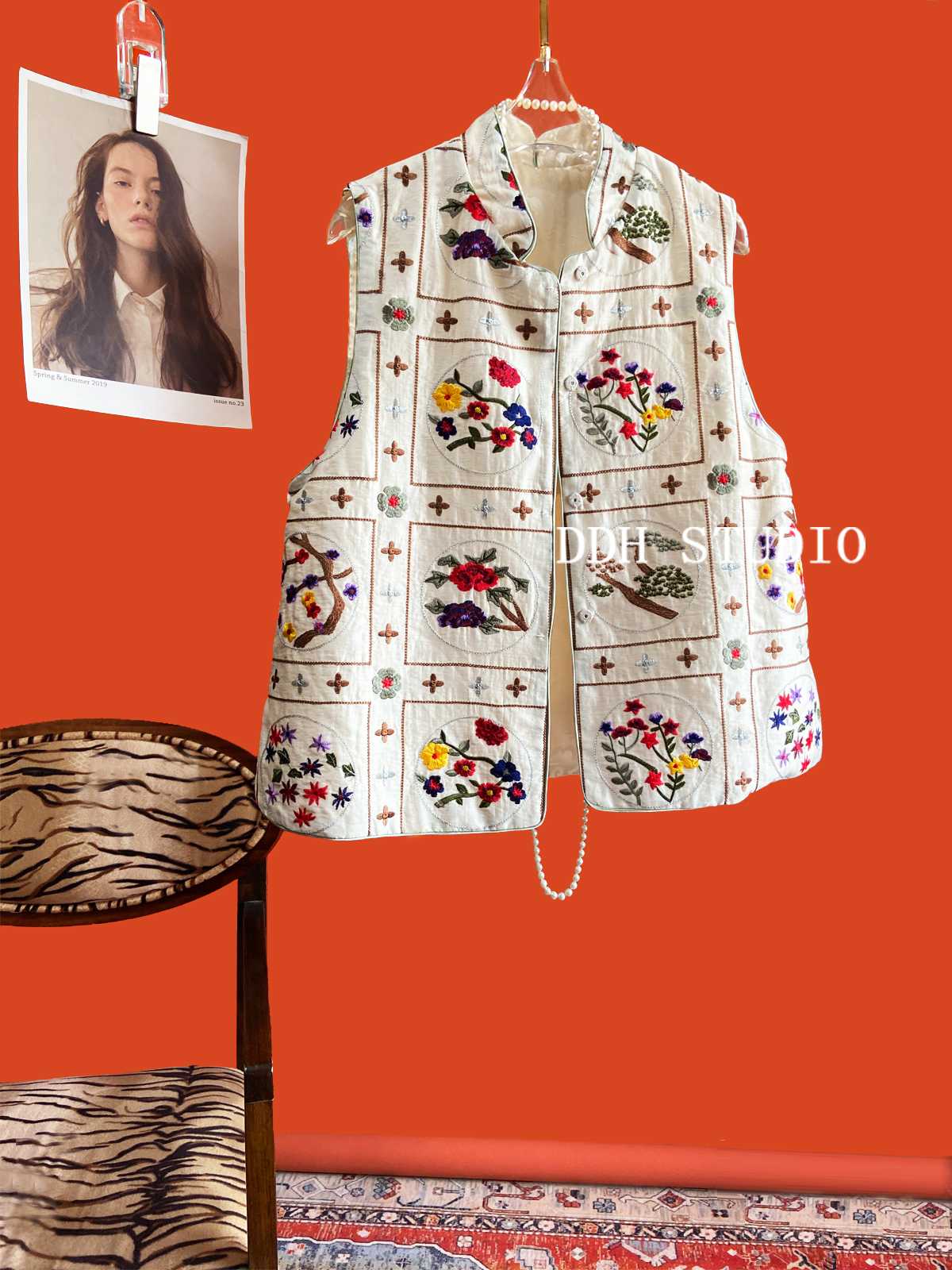 vest silk linen retro embroidery layered
