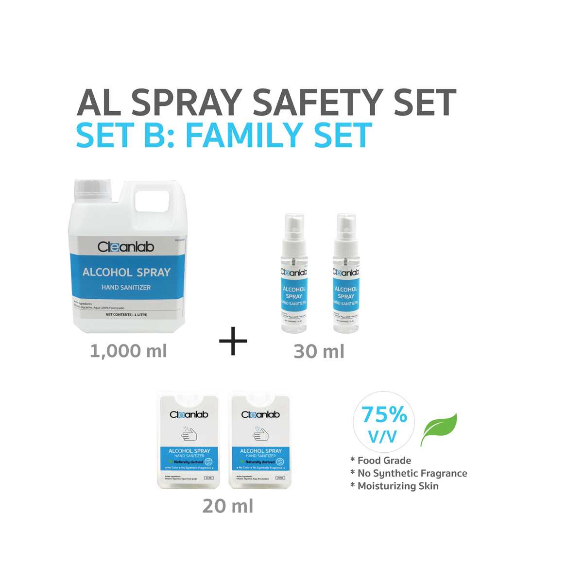 Set B Cleanlab Alcohol spray Hand Sanitizer แอลกอฮอล์สเปรย์ ขนาด1 ลิตร,30ml (2), 20ml แบบการ์ด(2)