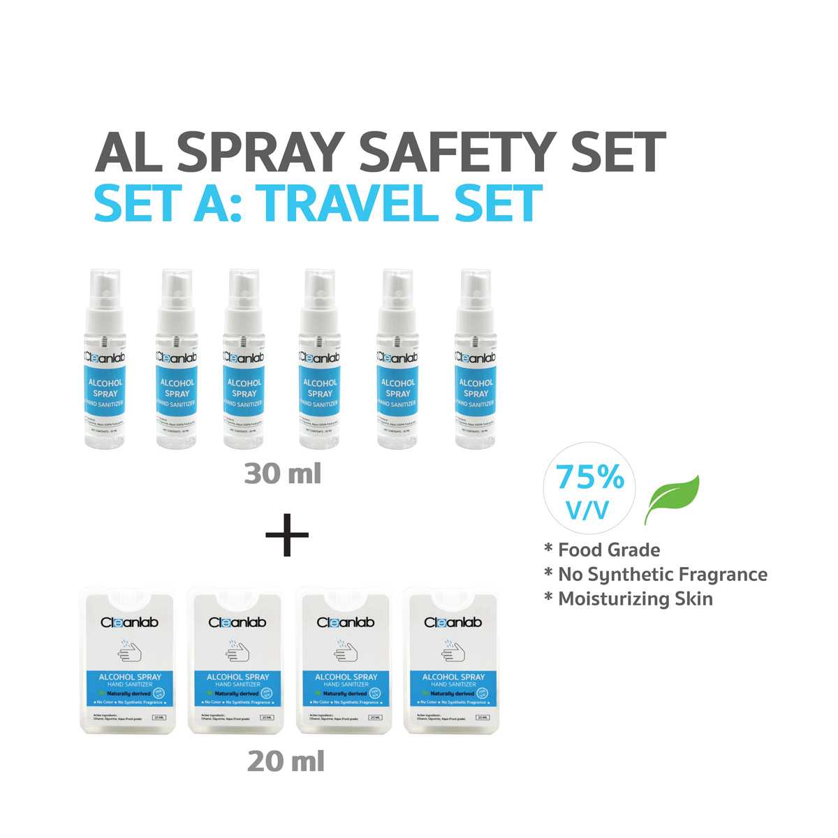 Set A Cleanlab Alcohol spray Hand Sanitizer แอลกอฮอล์สเปรย์ ขนาด 30ml(6ขวด)+20mlแบบการ์ด(4ชิ้น)