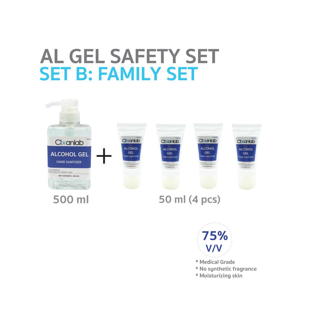 Set B  CLEANLAB Alcohol Gel Hand Sanitizer ขนาด 500ml + 50ml (4ชิ้น)