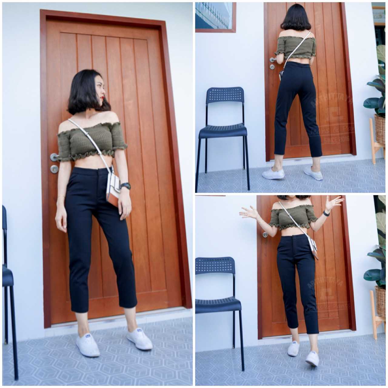 07-กางเกงใส่ทำงาน งานผ้า โรเซฟ 7 ส่วน เข้ารูป - สีดำ