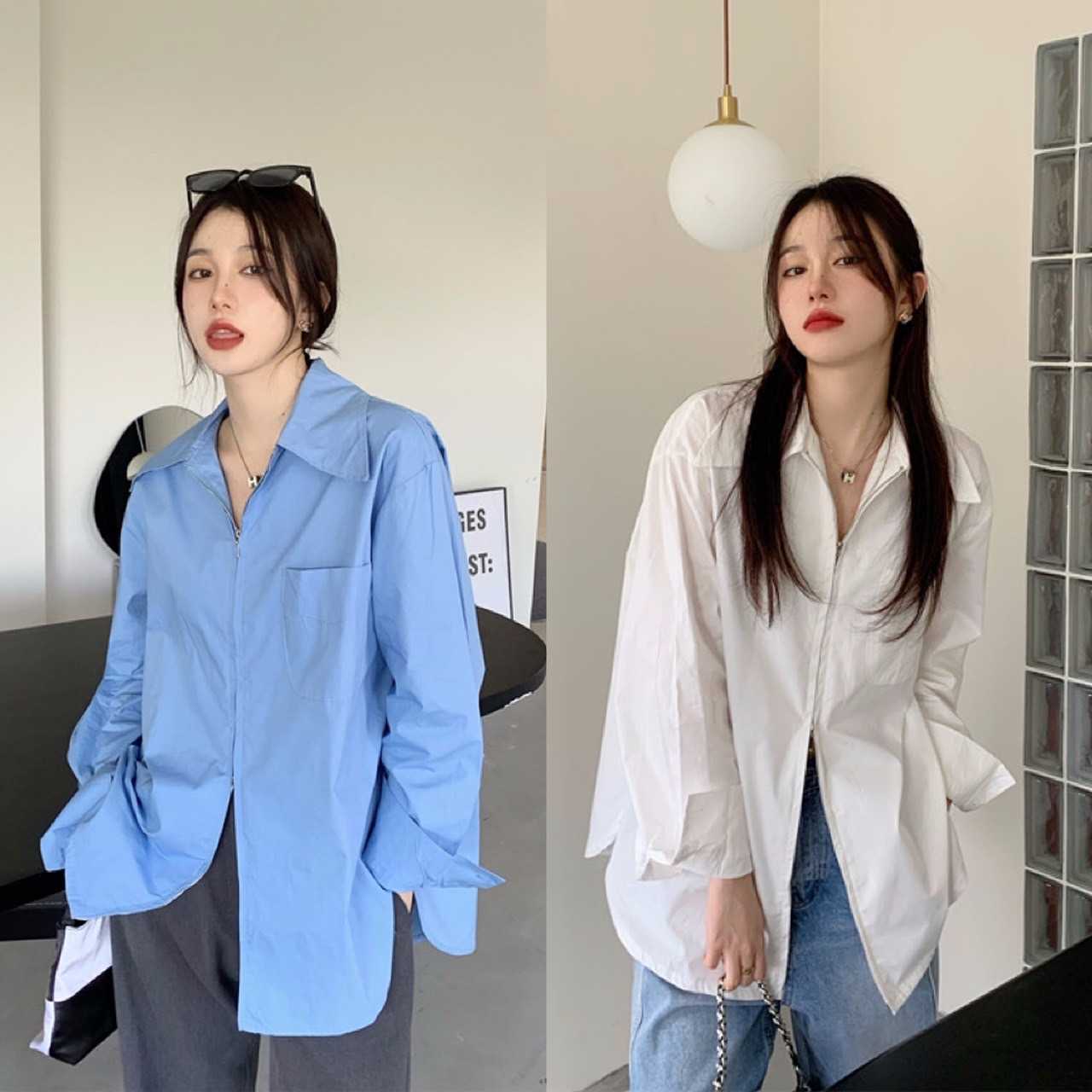 T231 เสื้อเชิ้ตแขนยาว มีซิปหน้า พร้อมส่ง 2 สี