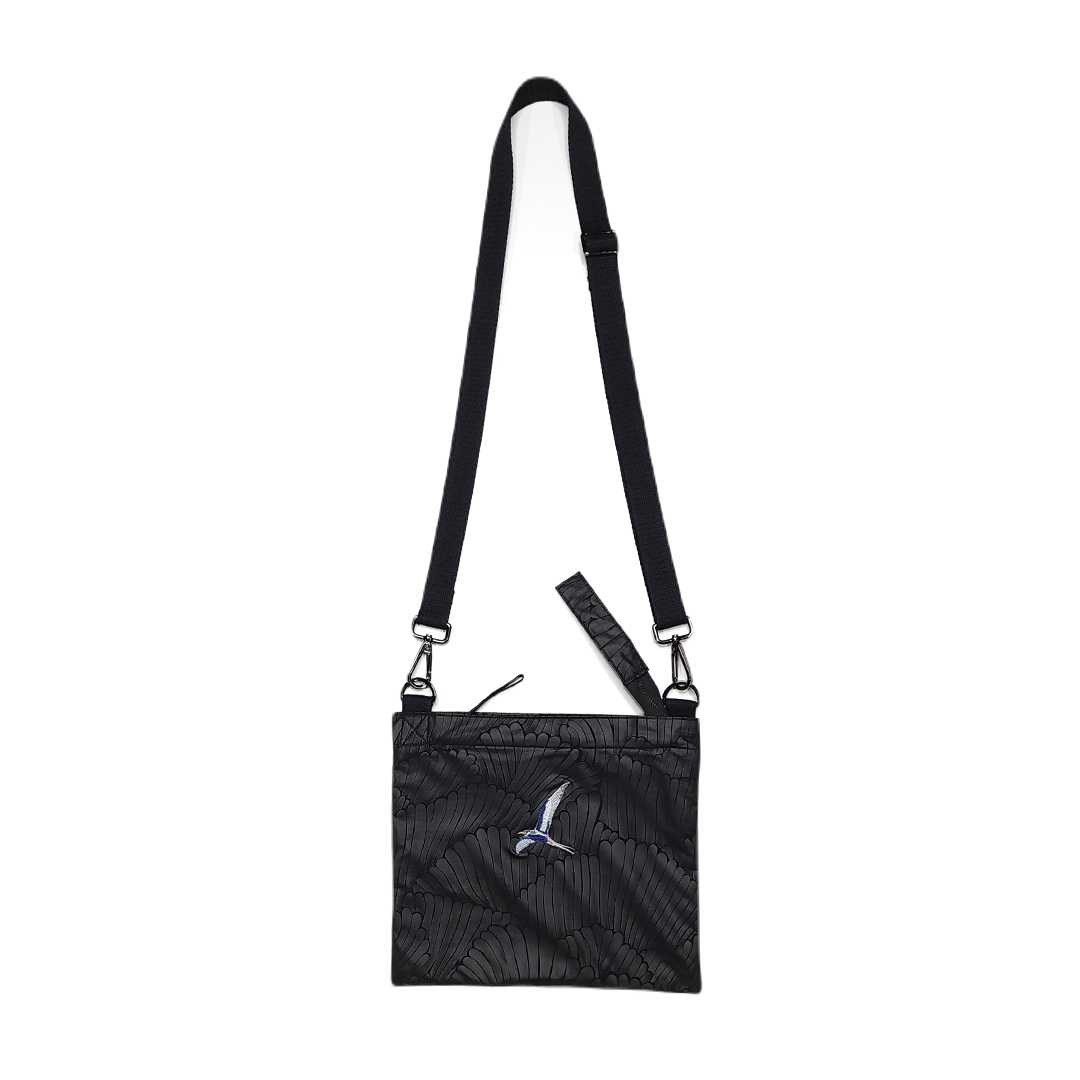 Bird Wing Screen Print Crossbody Bag In Black With Dove Bird Embroidery.