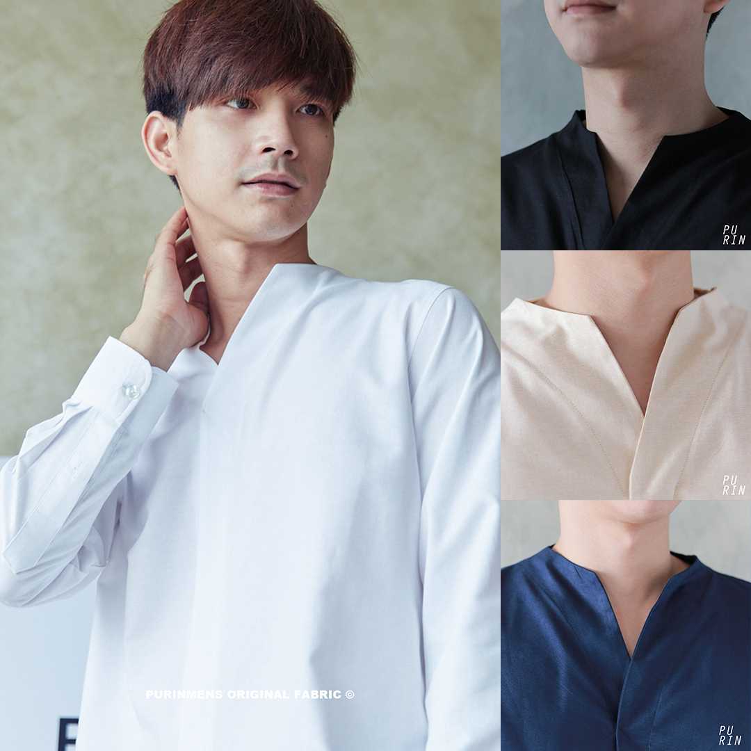 Purinmens V รีดง่าย ใส่สบายมาก เสื้อเชิ้ตสไตล์ญี่ปุ่น ผ้าคอตตอนผสมลินิน