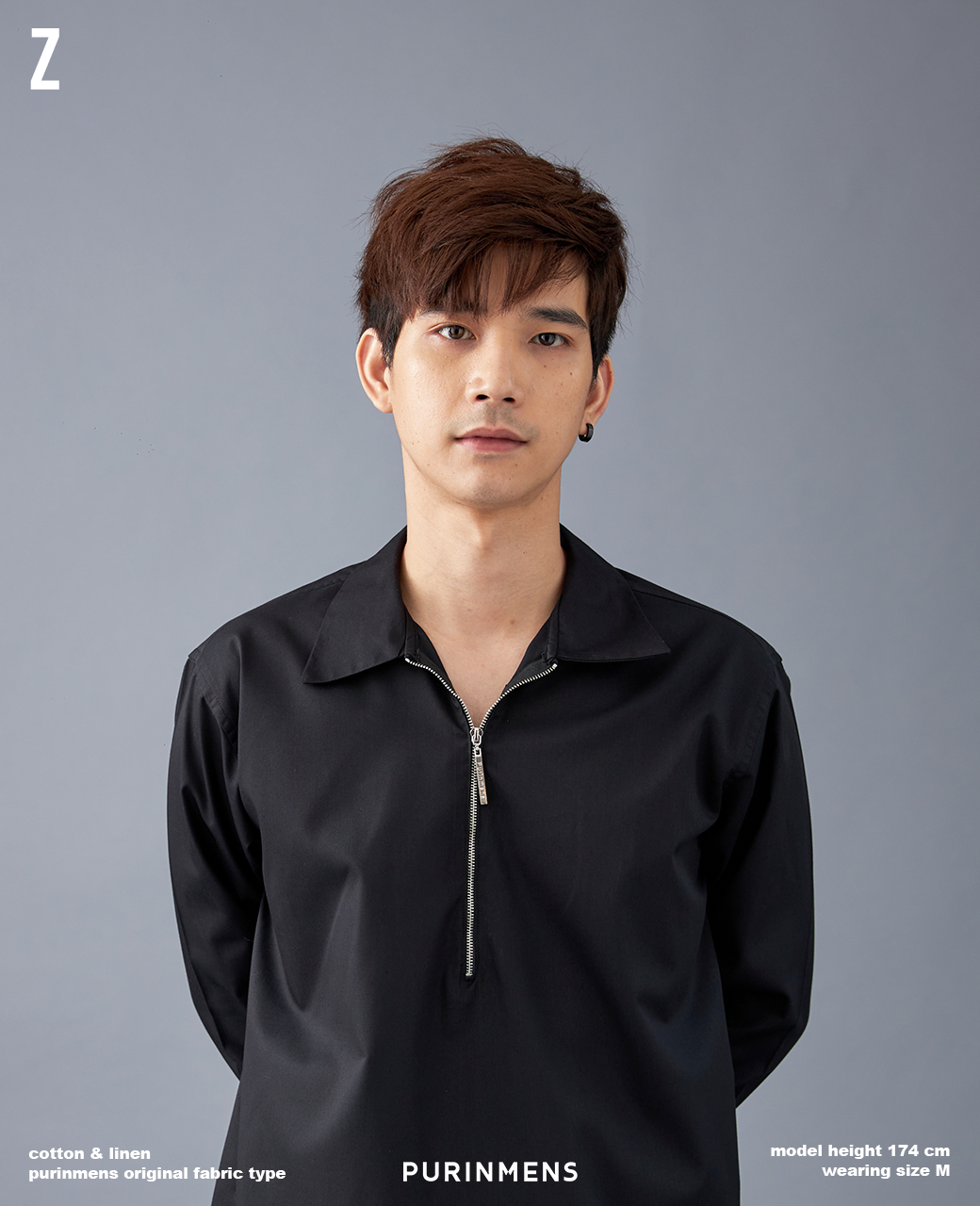 Purinmens Z เสื้อเชิ้ตผ้าคอตตอนผสมลินิน เสื้อเชิ้ตซิป ครึ่งตัว ทรง Regular Fits เสื้อเชิ้ตเกาหลี