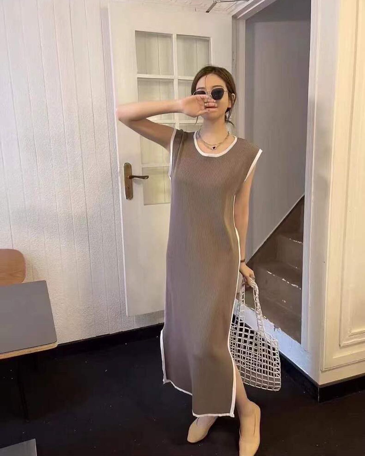 knitted vest dress (black/ brown/ cream)