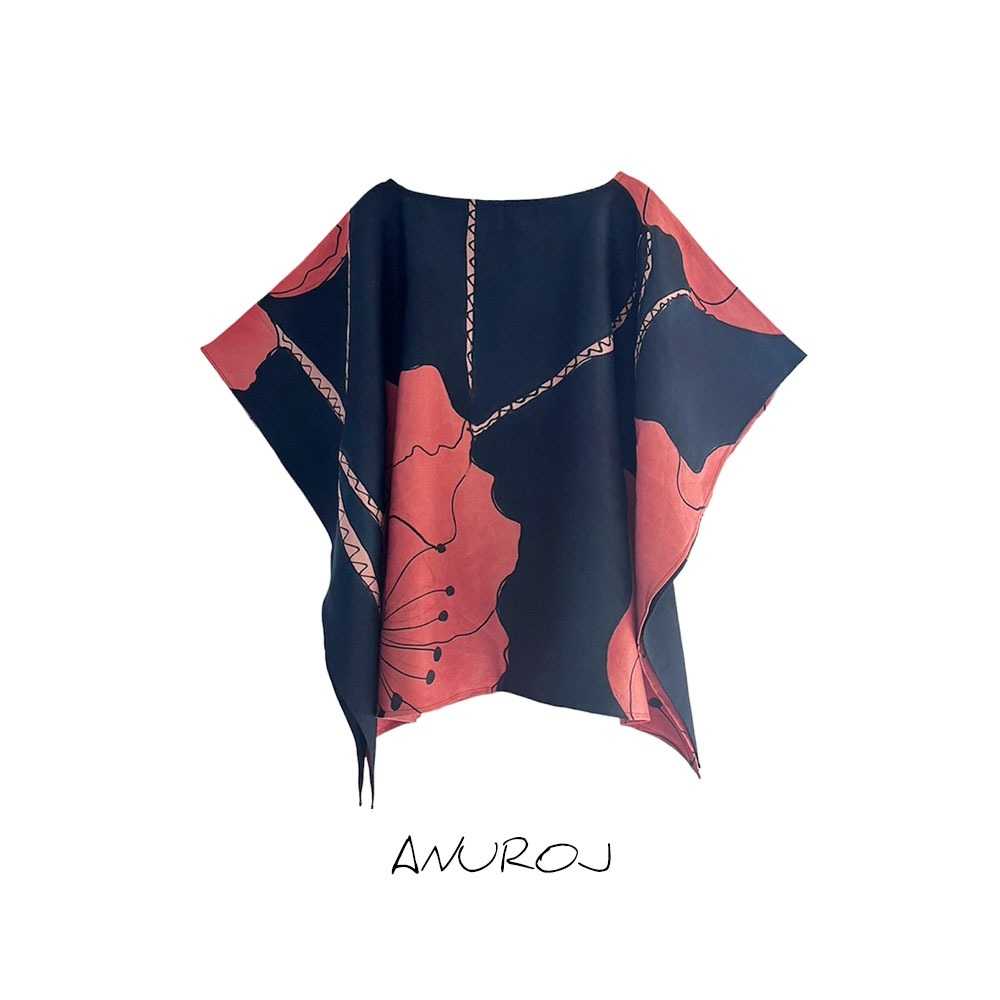 (Pre-Order) Poncho Blouse Normal Size Silk Linen Hand paint For Summer Beach Vacation