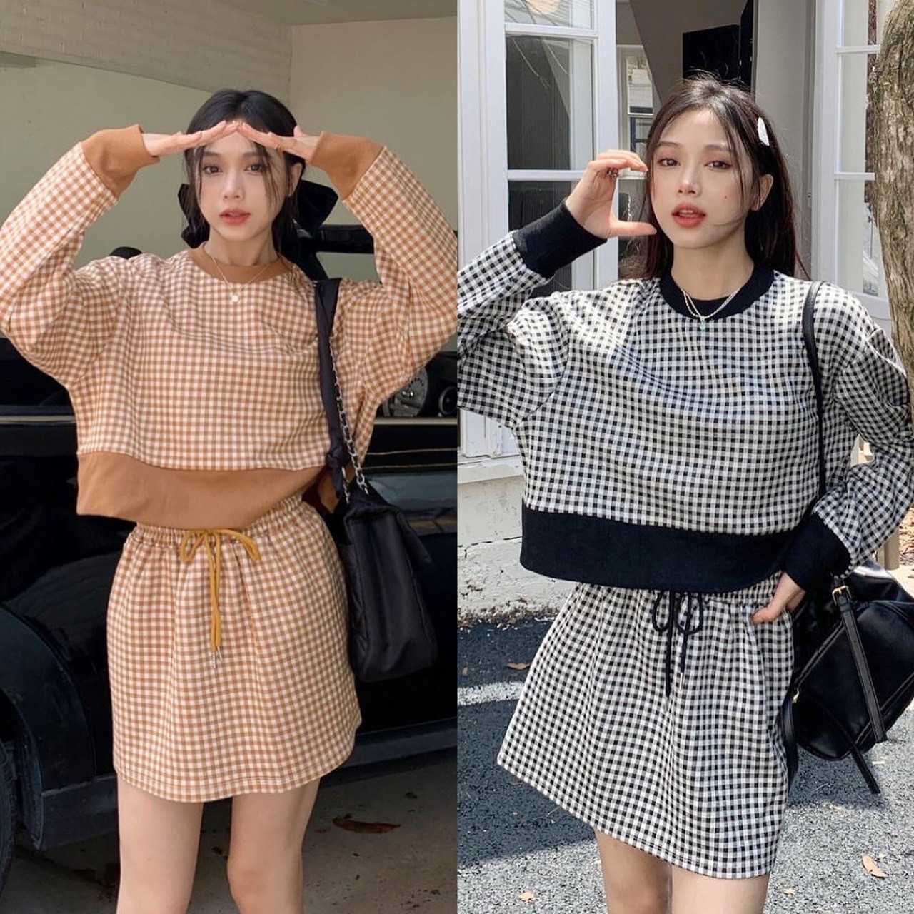 C025 เซ็ตเสื้อ+กระโปรงลายสก็อต พร้อมส่ง 2 สี