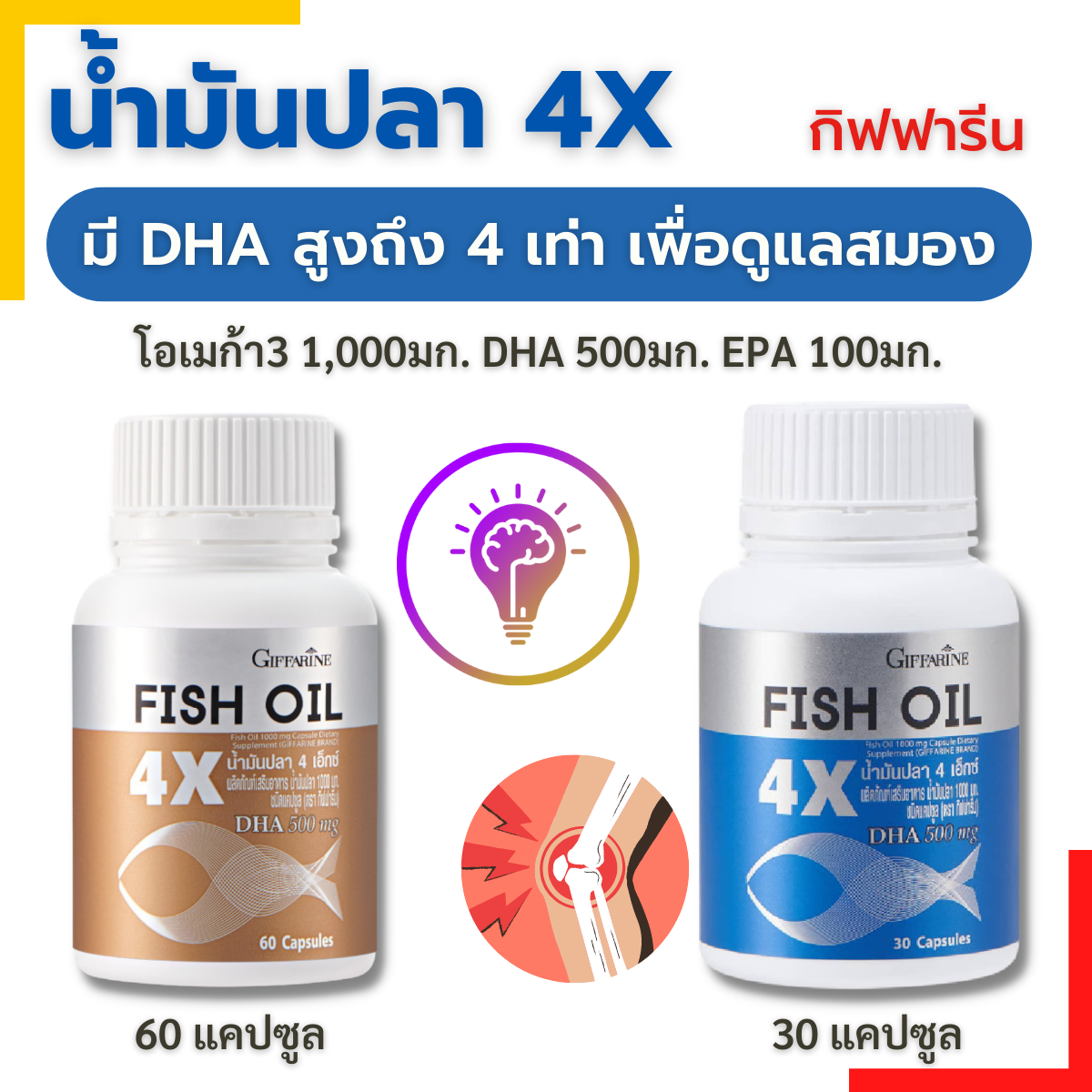 Fish Oil 4X น้ำมันปลา fish oil น้ำมันปลา1000mgแท้ น้ำมันปลากิฟฟารีน มีโอเมก้า DHA EPA 4 เท่า