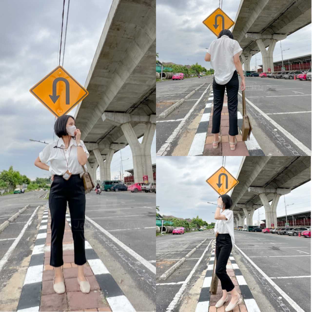 RO⭐️Best seller☜⭐️ กางเกงผ้าโรเชฟ 8 ส่วน ตีเกร็ดหน้า-สีดำ
